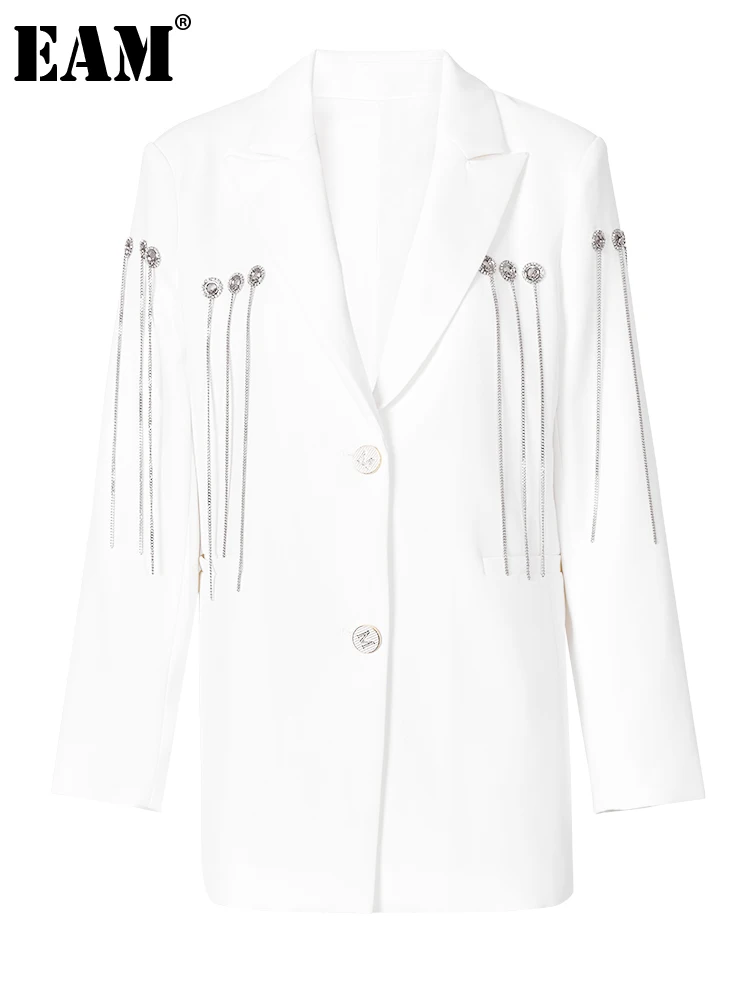 

[EAM] Women White Tassels Big Size Casual Blazer New Lapel Long Sleeve Loose Fit Jacket Fashion Tide Spring Autumn 2023 CP0760