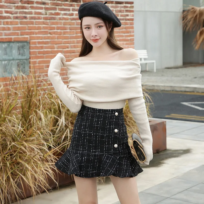 

Skirts Women Korean Chic Autumn New Black Mermaid High Waist Ruffles Skirts Slim Winter Vintage Fashion Mujer Faldas Mini Wild