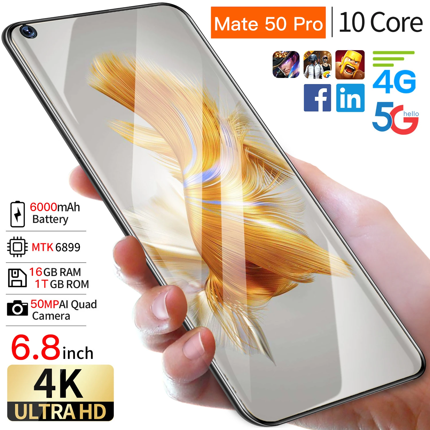 

Mate 50 Pro Smartphone 5G Unlocked Face ID 6000mAh 16GB 1TB Snapdragon 8Gen1 Mobile Phones Cell Phone 24+50MP Camera Android12