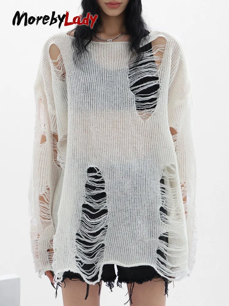 

Morebylady White Gothic Thin Women Pullover Loose Sweater 2022 Lady Hollow Out Hole Broken Streetwear Knit Jumpers Korean
