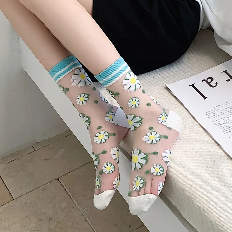 2023 Japanese Korea Fashion Jacquard Women Summer Cool Creative Floral Transparent  Trend Print Ultrathin Glass Silk Socks