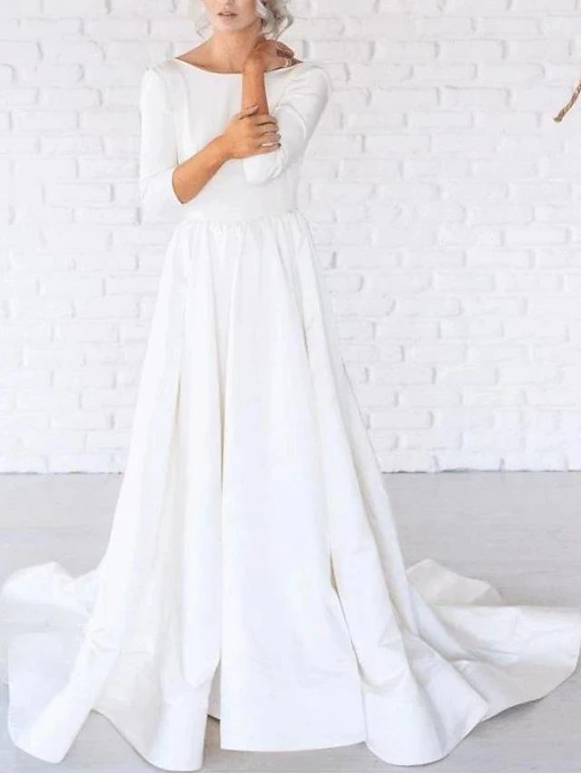 

A-Line Wedding Dresses With Pockets Scoop Neck Court Train Satin 3/4 Length Sleeve Simple Sexy Backless with Pleats for Women