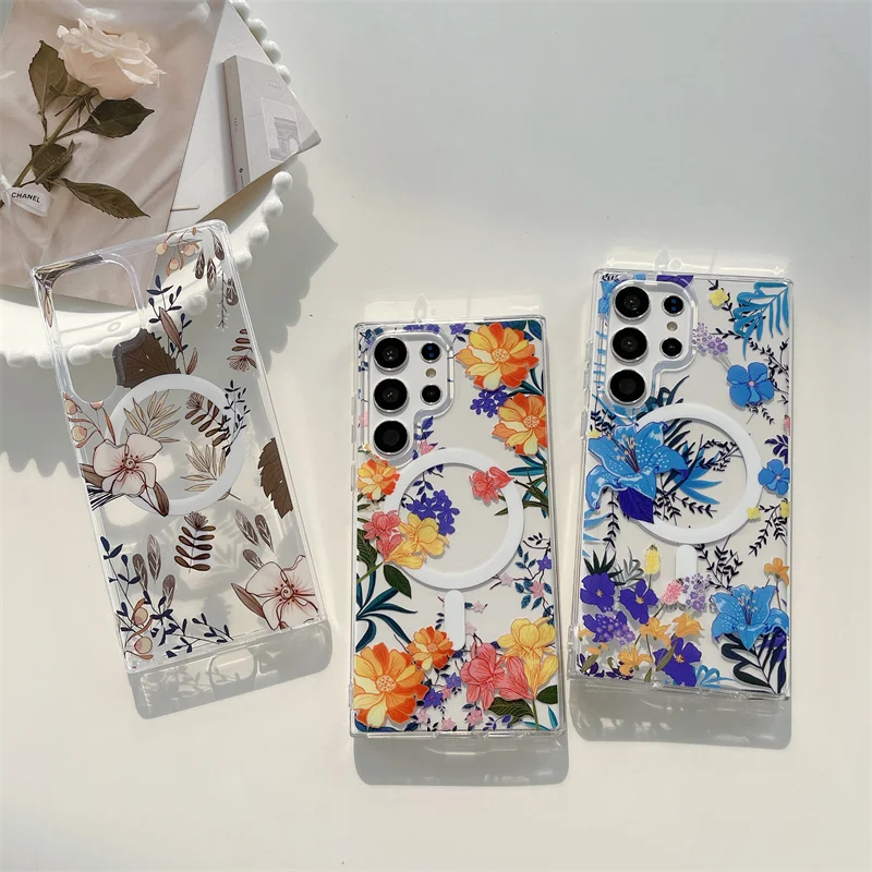 Прозрачный чехол Magsafe с красивыми цветами для Samsung Galaxy S23 Ultra S22 Plus, тонкий жесткий акриловый армированный чехол с беспроводной зарядкой