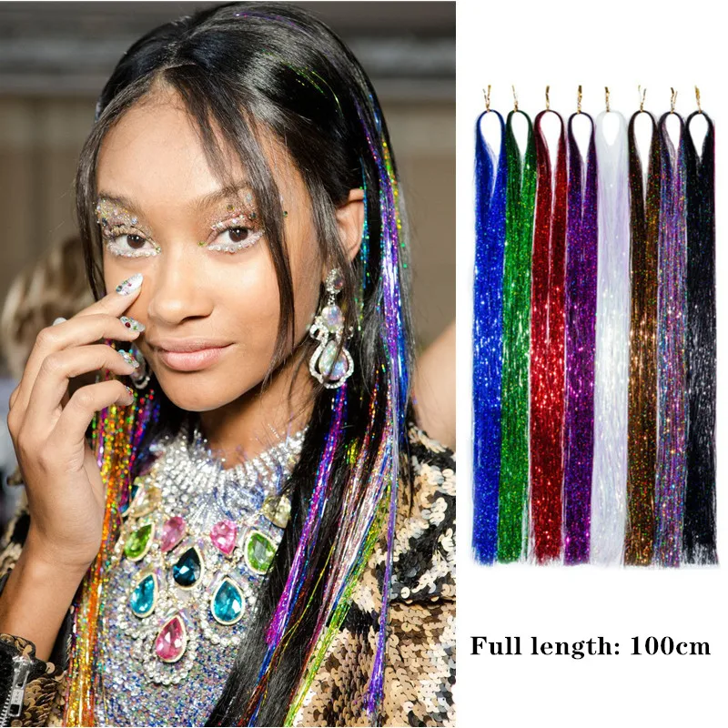 

Length 100cm Party Holographic Hair Accessories Glitter Hair Tinsel Sparkle Extensions 120 Strands Bling Twinkle Hair Extension