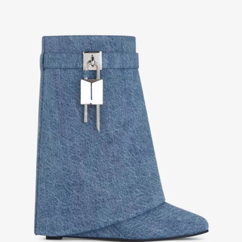 2023 Spring and Autumn Oversized Jeans Pipe Boots Metal Lock Blue Boots with Diamond Round Toe High Heel Boots Mid Sleeve Boots