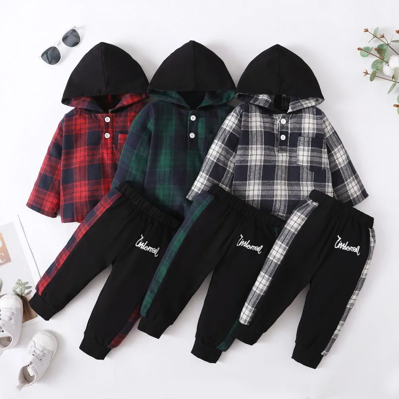 

Synpos Spring Toddler Boy Clothes Baby Boys Hoodie Sweatsuit Outfits Kids Flannel Plaid Top + Pants Set 0-24 Months