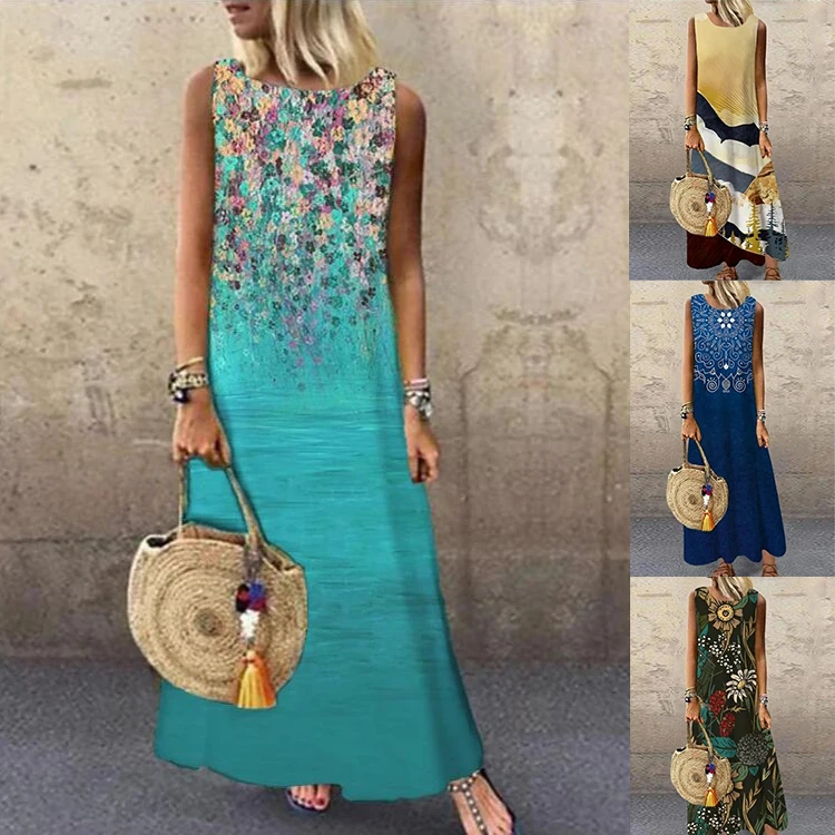 

Vintage Sleeveless Long Maxi Dress Women Elegant Print O-Neck Loose Tank Dress Female Casual Sundress Party Dresses Robe 2022