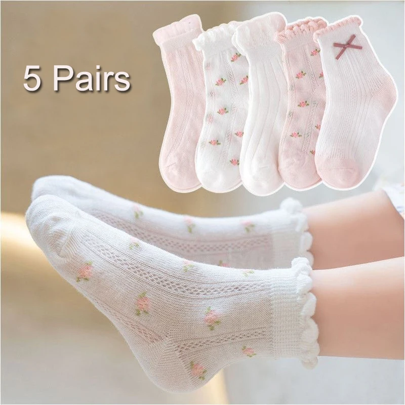 

5 Pairs Kids Socks Spring Summer Cotton Girls Socks Cute Flowers Strawberry Pattern for Children Baby