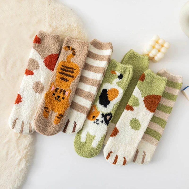 

Coral Fleece Socks Female Kawaii Tube Socks Autumn Winter Cat Claws Cute Thick Warm Women Sleeping Floor Socks