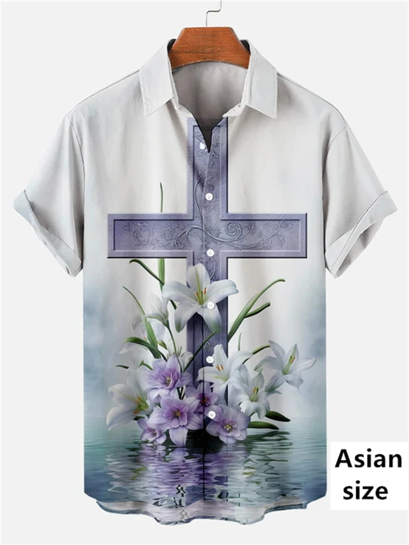 Пасхальные летние рубашки с крестом Иисуса для мужчин коротким рукавом 3D Pritn Flower