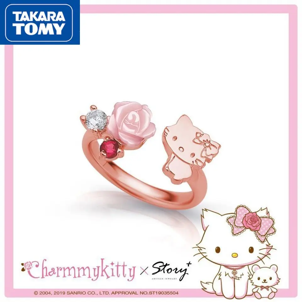 TAKARA TOMY Cute Hello Kitty 925 Sterling Silver Live Circle Design Ring Creative Sweet Girl Heart Student Jewelry