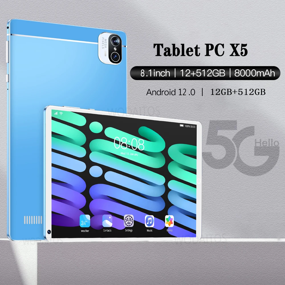 Tablet PC 5G Google Play Hетбук Android 12 X5 8.1 Inch 8000mAh 512GB ROM Deca Core 12GB RAM Office Global Pad Dual SIM GPS 48MP
