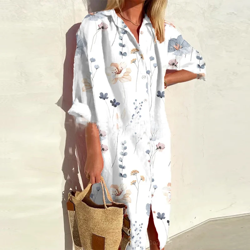 

Женское однобортное платье-рубашка с длинным рукавом и цветочным принтом
