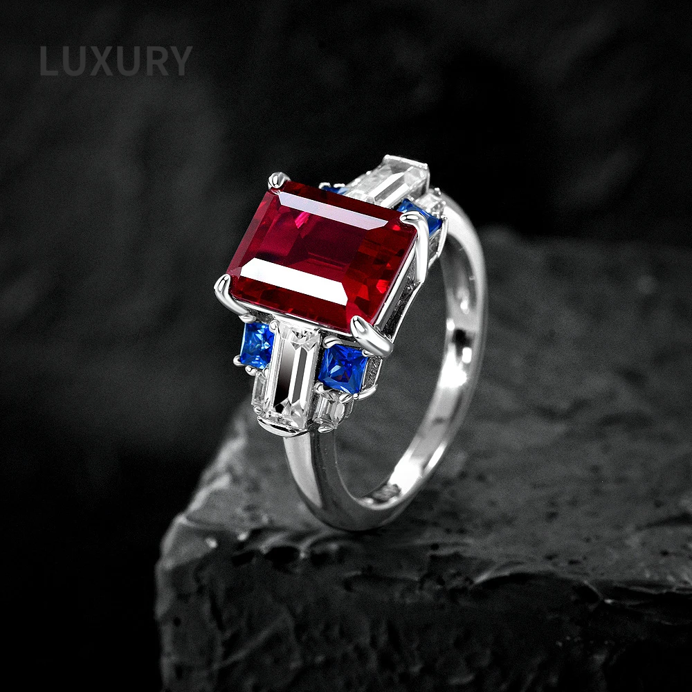 

Luxury S925 Sterling Silver 8*10MM Topaz Sapphire Ruby High Carbon Diamond Rings For Women Wedding Anniversary Fine Jewelry