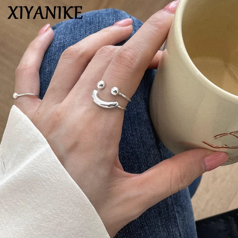 

XIYANIKE Funny Smile Round Ball Pearl Cuff Finger Rings For Women Girl Fashion New Jewelry Friend Gift Party anillos mujer