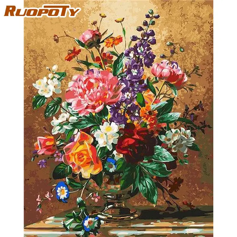 

RUOPOTY Picture By Numbers Kits For Adults Flowers Vase Landscape Oil Painting By Number HandPainted 60x75cm Framed Home Decor