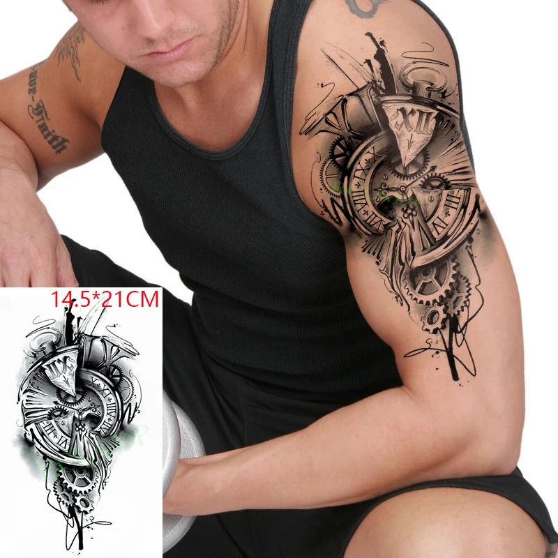 Waterproof Temporary Tattoo Sticker Broken Roman Clock Gear Big Size Body Art Flash Tatoo Fake Tatto Stickers for Girl Men Women |