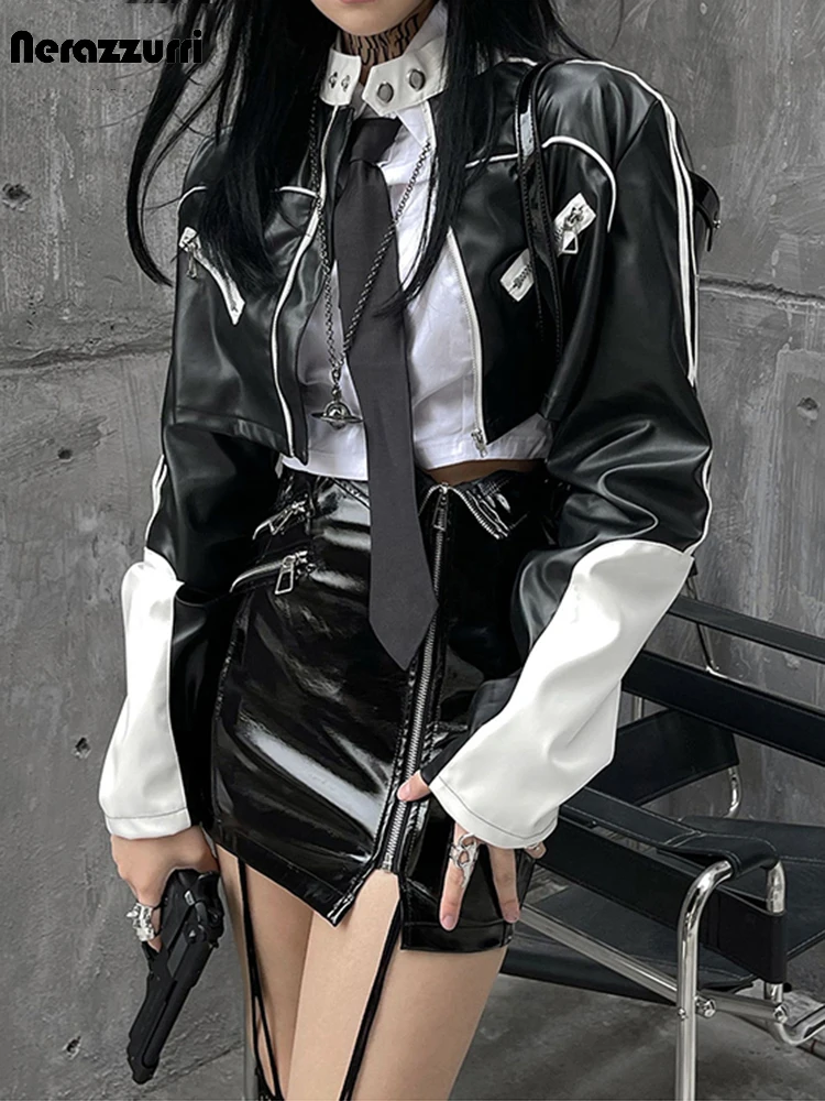 Nerazzurri Spring Summer Short White and Black Patchwork Shiny Patent Leather Jacket Women Adult’s Womens Pu Leather Cropped Top