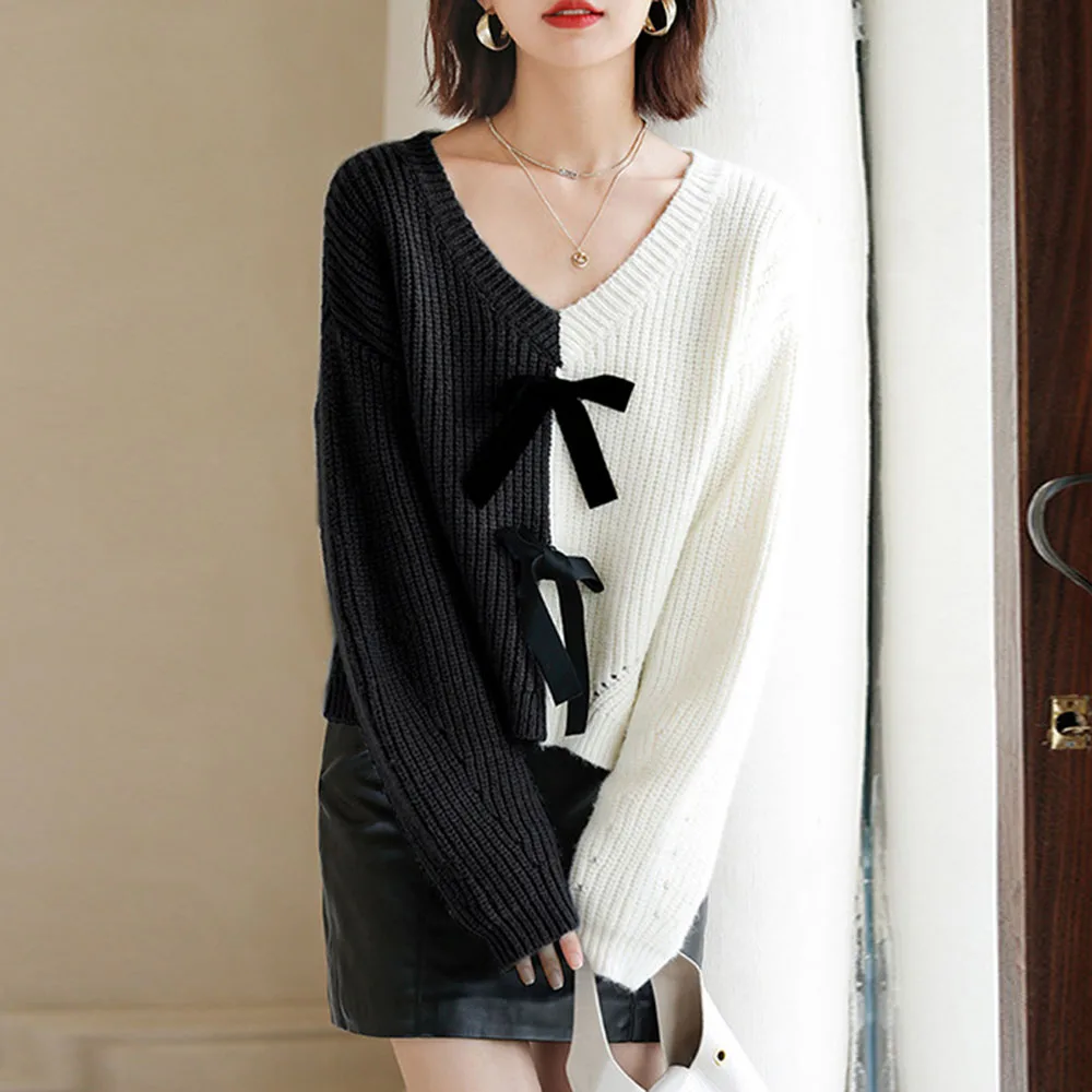

Женский свободный свитер с бантом, повседневный элегантный свитер составного кроя с длинным рукавом и V-образным вырезом, весна-осень 2022
