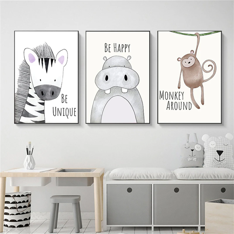 

Cartoon wildlife pattern, printed canvas, poster, as a gift for babies, children's room wall decoration art oil painting
