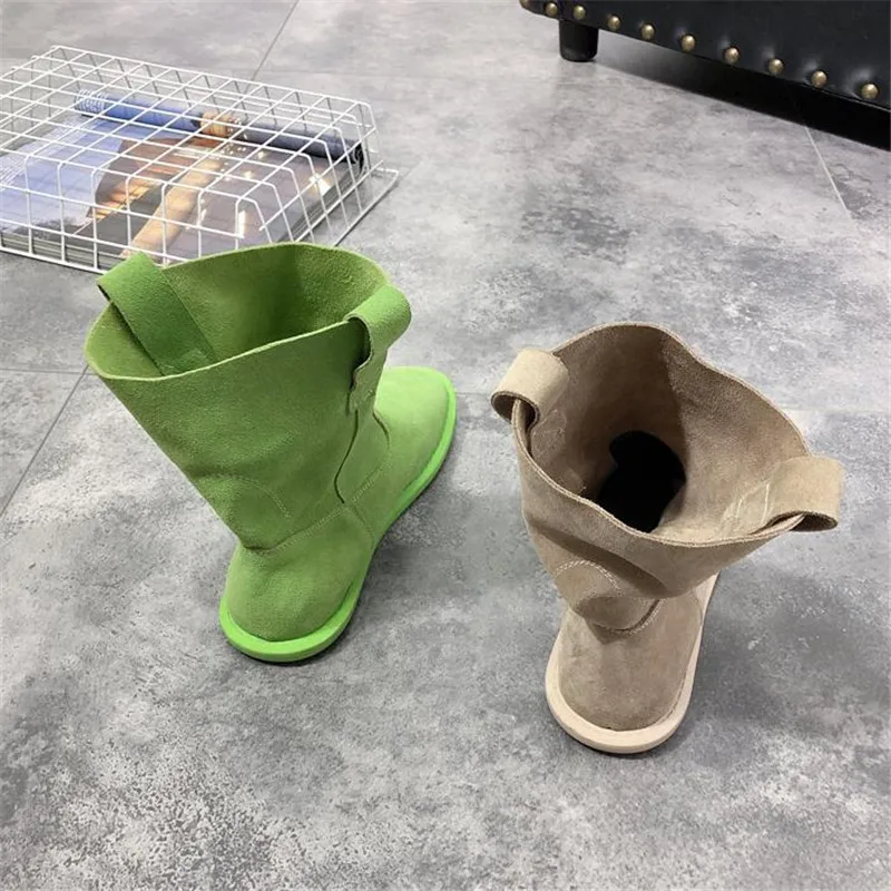 Retro Fashion Nubuck Leather Casual Flat Ladies Single Boots Spring and Autumn Set Feet Solid Color Long Tube Motorcycle Boots