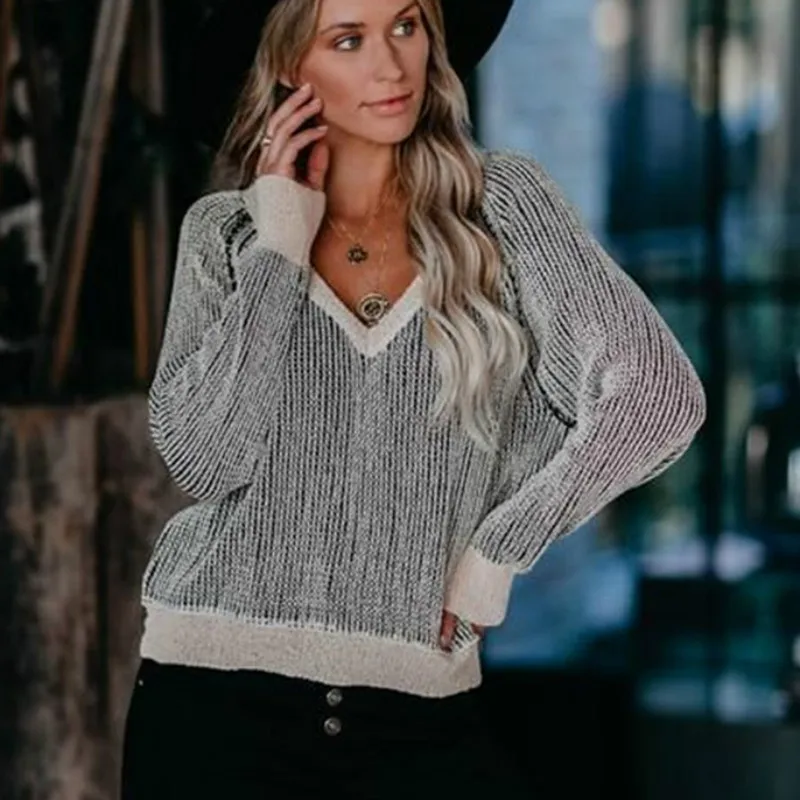 Женский вязаный свитер с V-образным вырезом теплый свободный однотонный пуловер