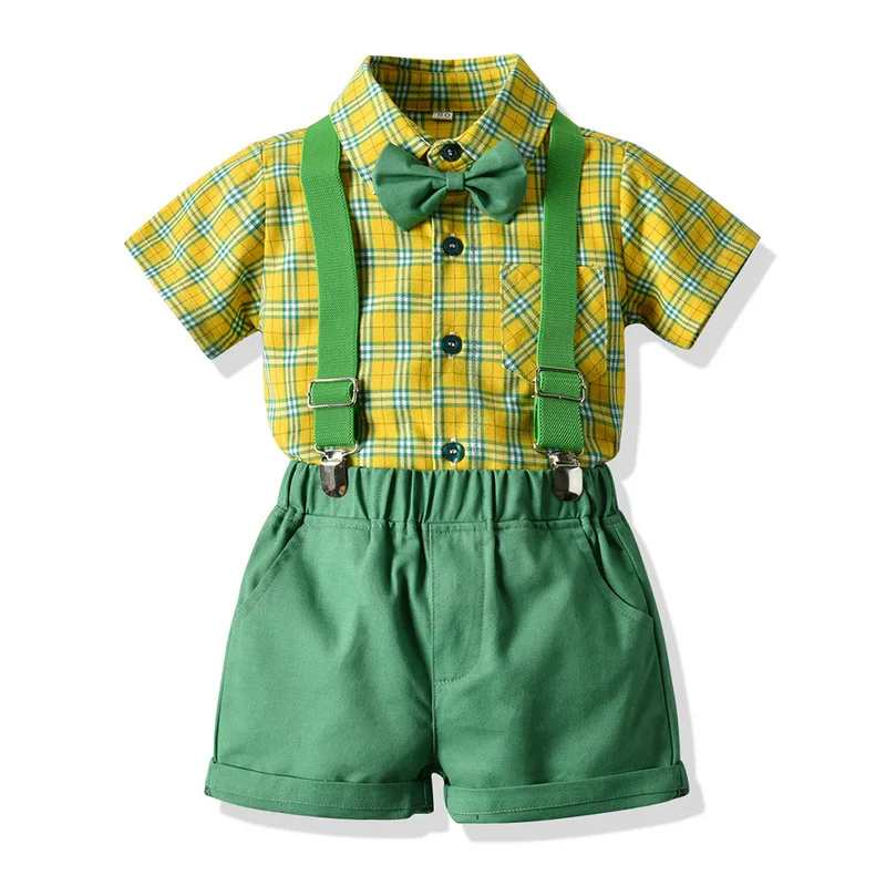 Summer Boys Clothing Set Casual Plaid Shirt Shorts Set 1-6Years Short Sleeve Candy Color Little Bbay Boy Summer Clohtes Outfit