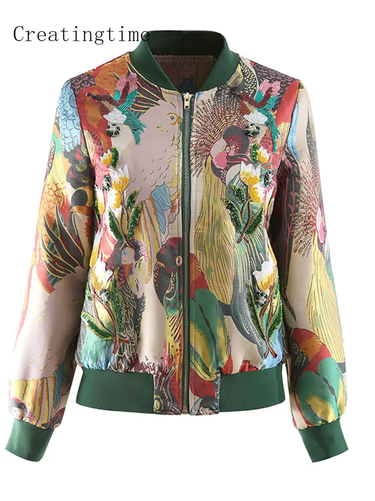 

Fashion Casual Baseball Jacket New Women's Jacquard Stitching Embroidery Colorful Beaded Bird Printed Parrot Short Jackets 1A359