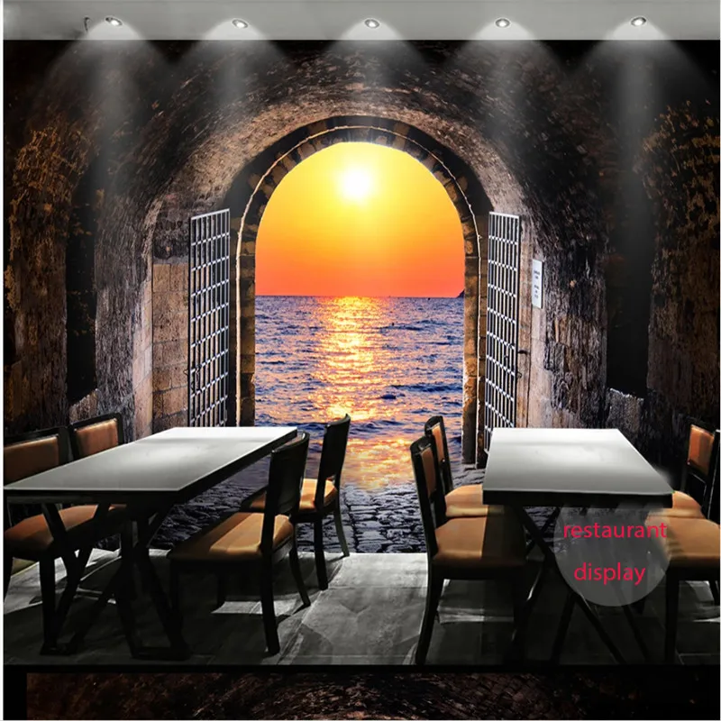 Retro Brick Wall 3D Space Tunnel Sunset Seascape Photo Mural Wallpapers for Bar Cafe Restaurant Industrial Decor Paper - купить по