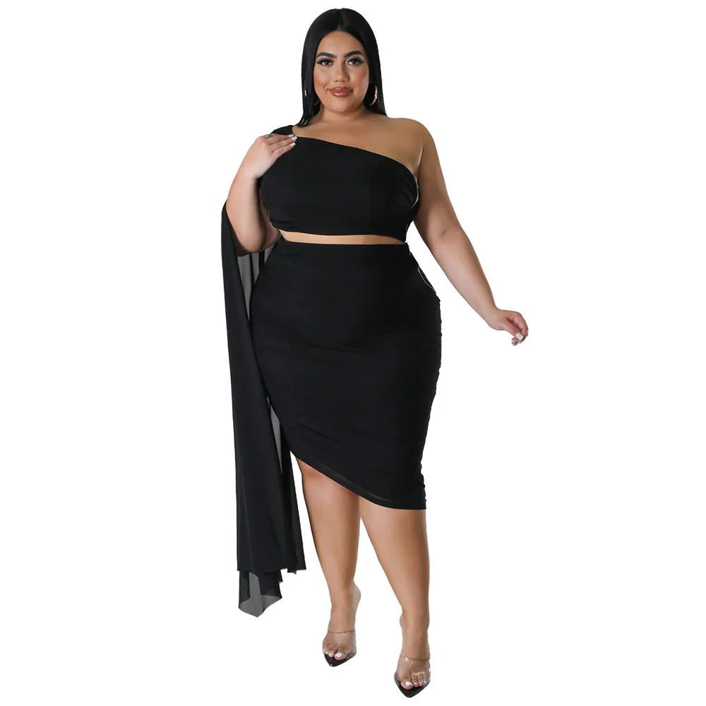 Plus Size Two-piece Sets Fashion Female High Elasticity Diagonal Collar Pleated Short Top And Skirt Outfits Casual Solid Color