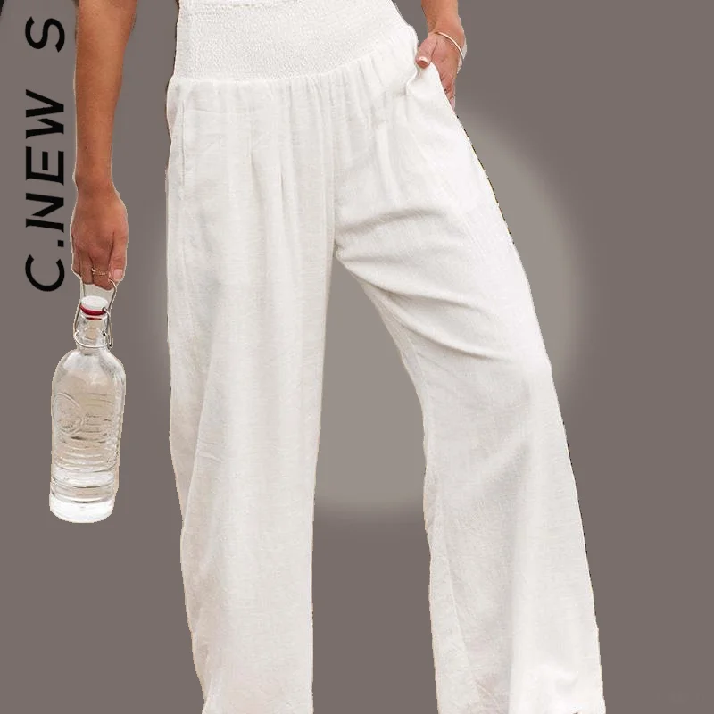 

C.New S Trousers Spring Summer Pants Office Lady Cotton Linen Pockets Trousers Women Vintage Sweatpants All-Match Clothes Female