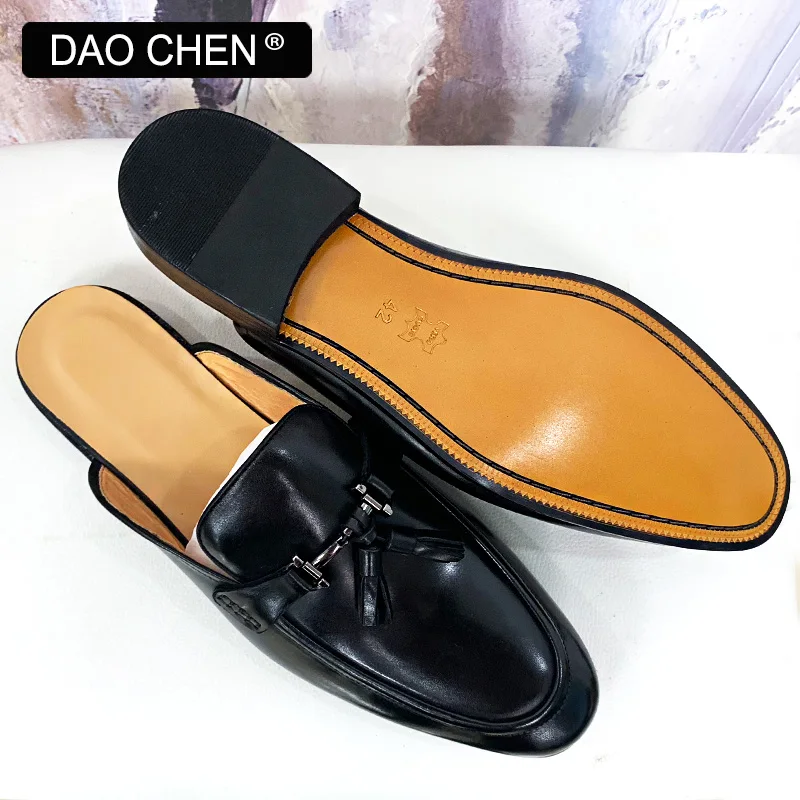 DAOCHEN MULES MEN'S SHOES BLACK BROWN FASHION HORSEBIT MENS DRESS SUMMER CASUAL LEATHER SHOES TASSEL SLIP ON HALF SHOES FOR MEN