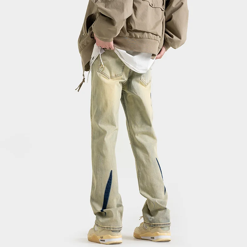 Vintage Yellow Mud Jeans Straight Leg Distressed Patchwork Ripped Denim Jeans Men High Street