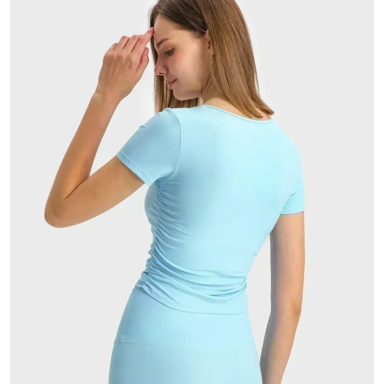 Лимонная женская спортивная рубашка с коротким рукавом в рубчик