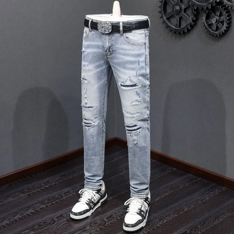 Уличная мода Мужские джинсы Высокое качество Ретро Светло-голубые эластичные