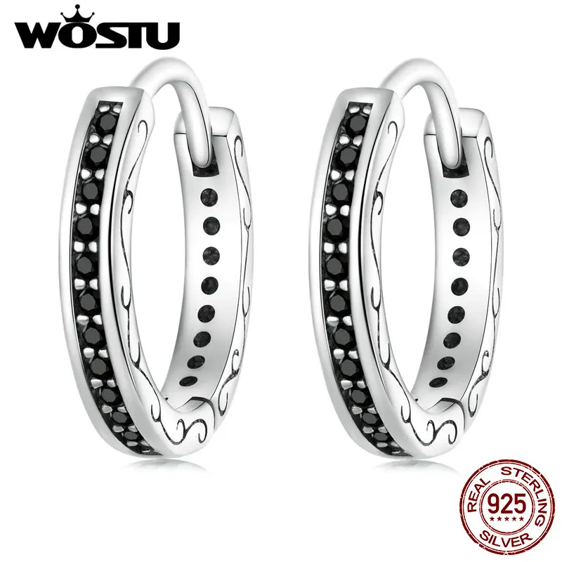 WOSTU 925 Sterling Silver Classical Round Balck Cz Hoop Earrings For Women Wedding Dangle Drop Earring Clips Party Jewelry Gift |