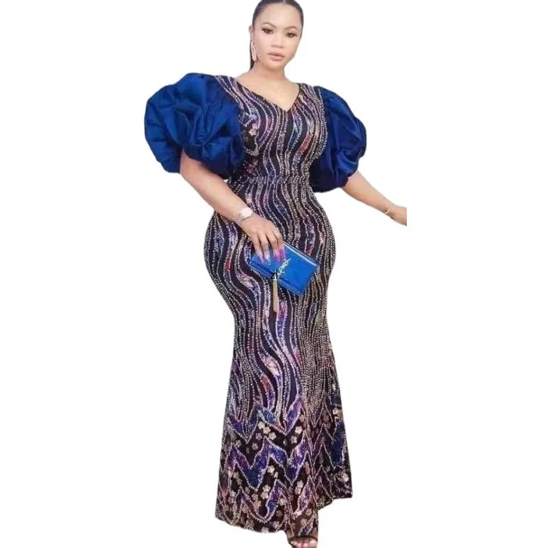 2023 New Christmas Party Evening Dress Sequins Diamond Maxi African Dresses For Women Puff Sleeves Slim Luxury Muslim Abaya 4XL