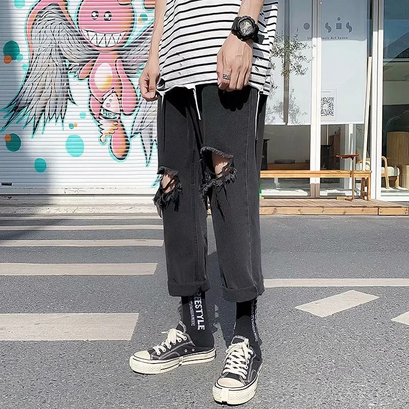 Summer Blue/Black Ripped Jeans Men Fashion Casual Straight Jeans Men Streetwear Loose Hip Hop Hole Denim Pants Mens Trousers