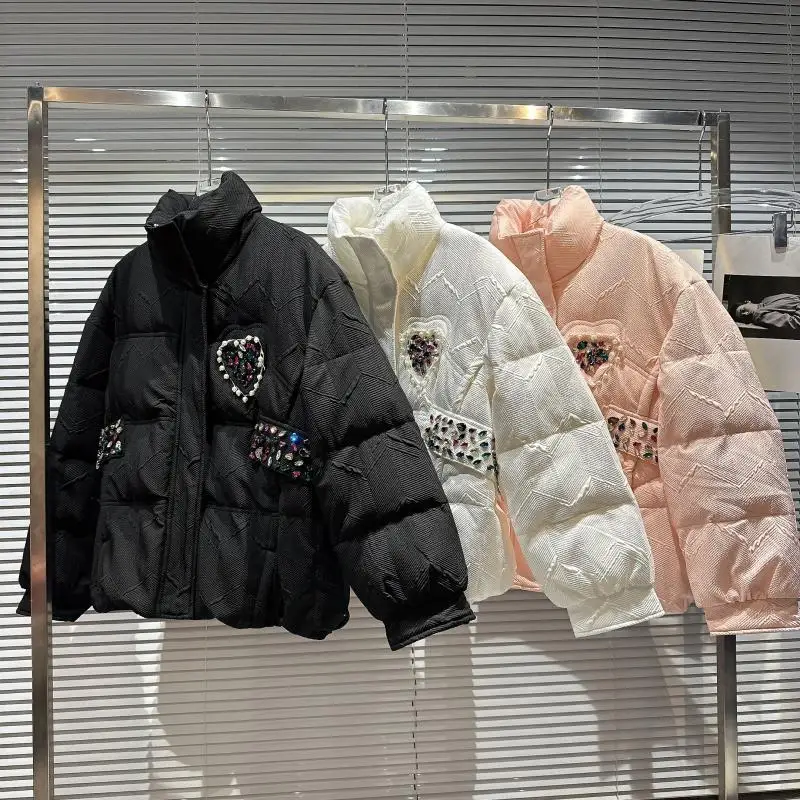 

Colorful Beaded Diamond Women Short Puffer Jacket Winter Pink White Black Down Parkas Casual Long Sleeve Lightweight Down Jacket