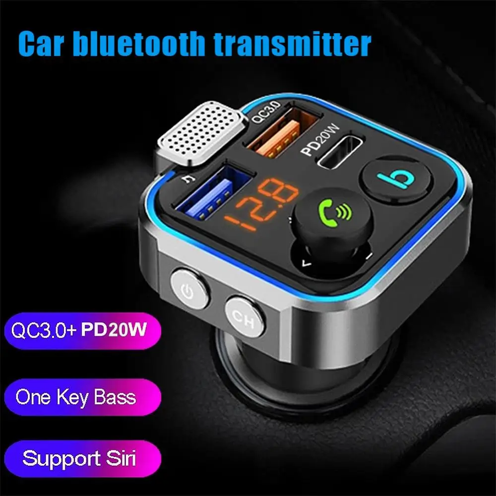 

Car Bluetooth 5.0 FM Transmitter Audio Adapter One Key Bass Mp3 Player Large Microphone USB Music Play QC3.0 PD20W Quick Charger
