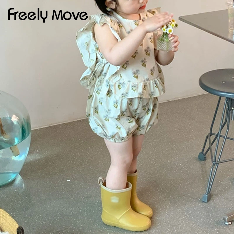 Freely Move Cute Girls Clothes Sets Floral 2Pcs Kids Ruffle Sleeveless Tank Top +Short Outfits for Girl Clothing Adorable Summer