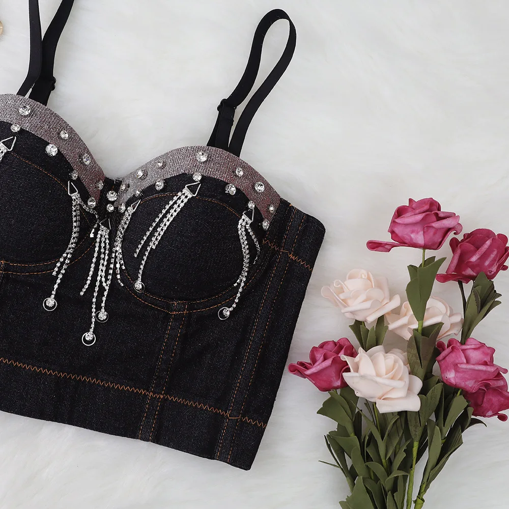 

Women Sexy Designer Denim Crystal Diamonds Tassel Black Camisole Tops Summer 2022 Stage Costumes Blue Party Camis Crop Tops