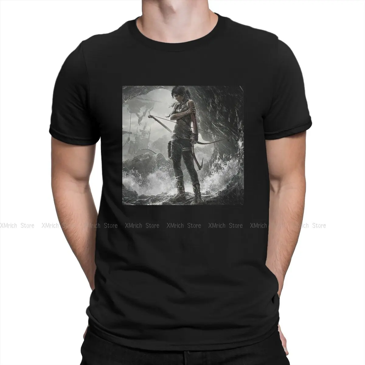 

Футболка мужская с принтом «гробница ридер Лара Крофт», Базовая рубашка с круглым вырезом в пещере, в стиле хип-хоп, одежда для подарка