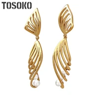 tosoko stainless steel jewelry hollow butterfly wings pearl earrings female sweet earrings bsf138