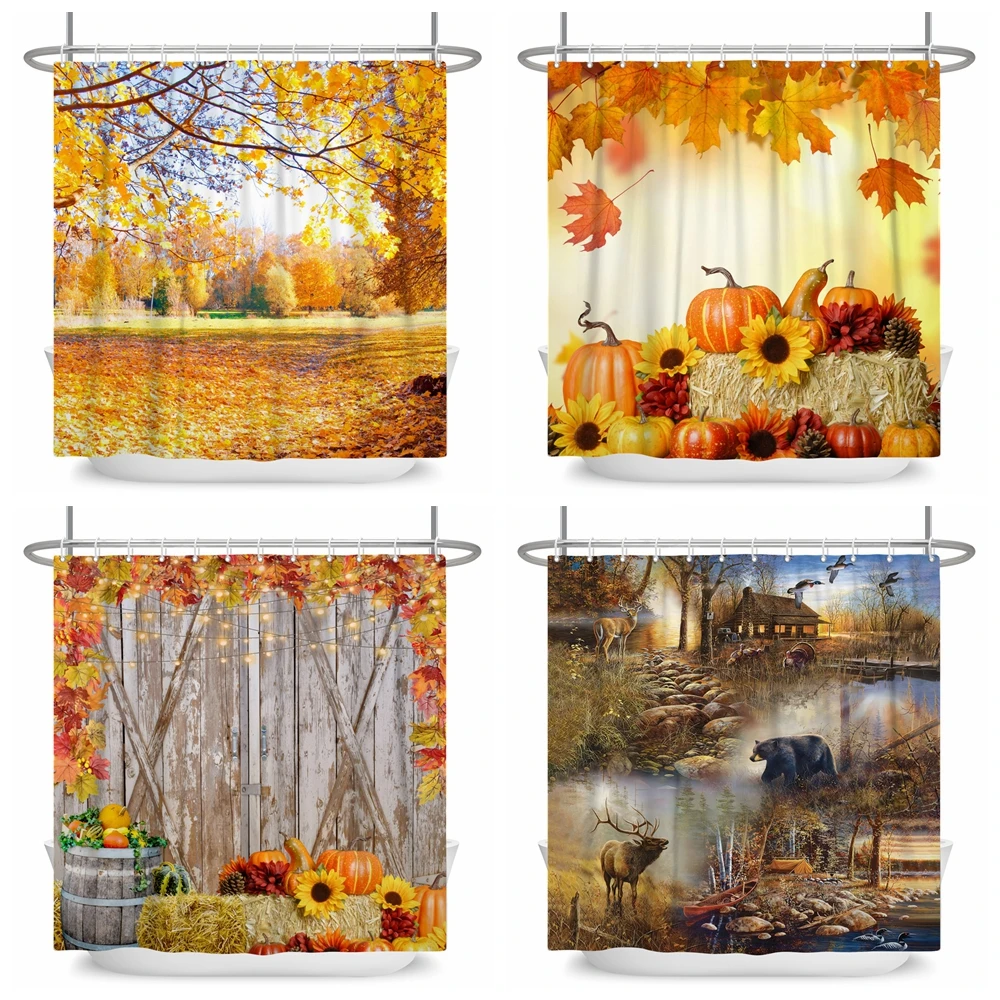 

Autumn Forest Fallen Leaves Shower Curtain Wild Animal Bathroom Bathtub Decoration Waterproof Bath Curtain Home Decor with Hooks