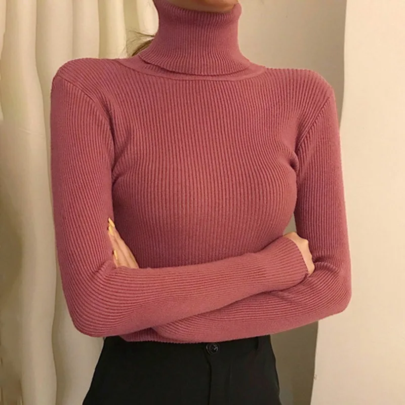 Пуловер женский осенний однотонный с длинным рукавом водолазка - купить по