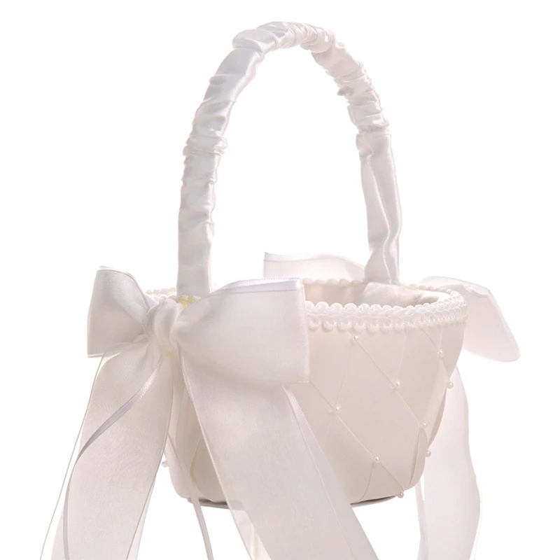 

Flower Basket Suitable for Wedding Ceremony Anniversary Cute Small White Satin Wrapped Flower Girl Baskets with Bows