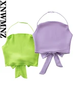 xnwmnz 2022 summer new womensatin crop top female sexy fashion flowing neckline halter suspenders