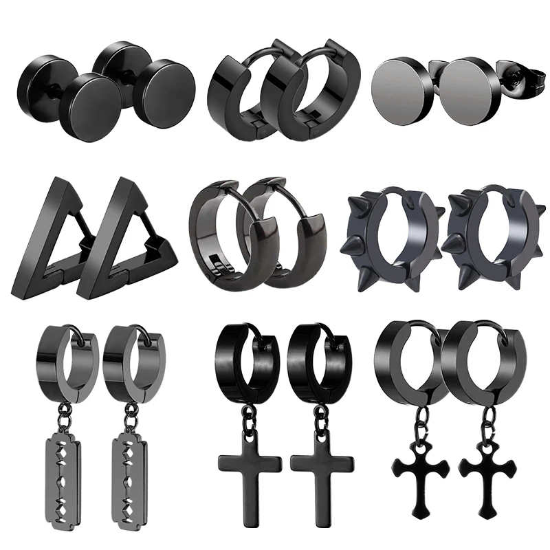 

Набор черных серег из нержавеющей стали, 9 пар