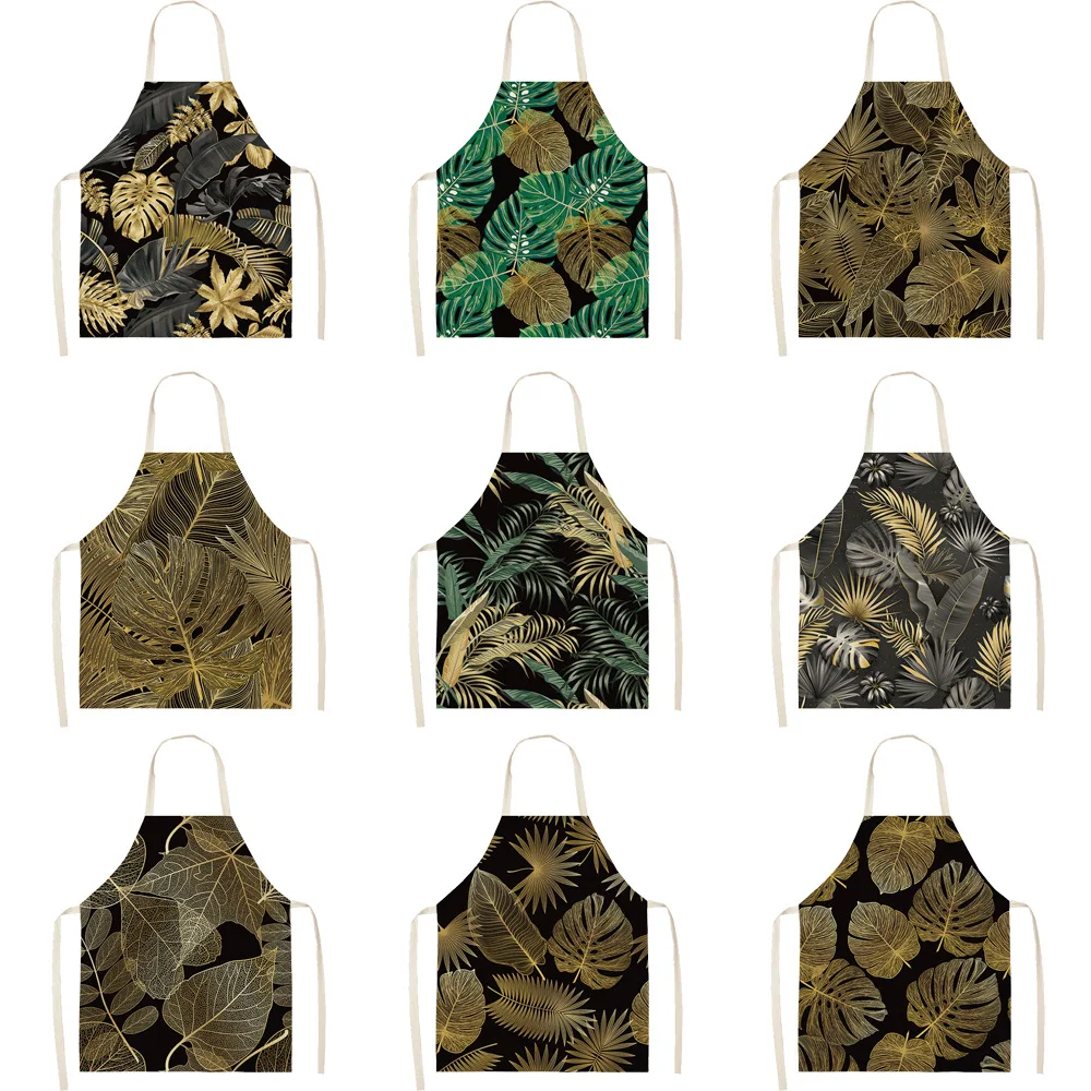 

Кухонные фартуки с золотыми листьями для женщин, черные хлопковые льняные нагрудники, передник для уборки дома, домашний фартук для готовки...